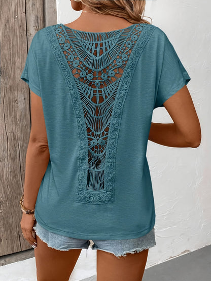 Women'S Elegant Lace Trim Short Sleeve T-Shirt - Chic White Top with Intricate Lace Detail, Round Neck, Lightweight Polyester for Spring/Summer Casual Wear, Ladies T Shirts
