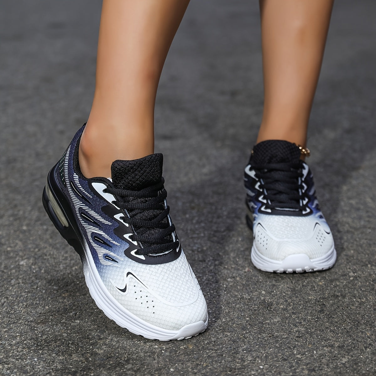 Women'S Breathable Mesh Running Shoes with Air Cushion - Lightweight Casual Sneakers, Camouflage Print, Lace-Up Low Tops for All-Season Comfort, White & Navy Design, Ladies Sneakers, Comfortable Footwear, Stylish Sneakers, Cu
