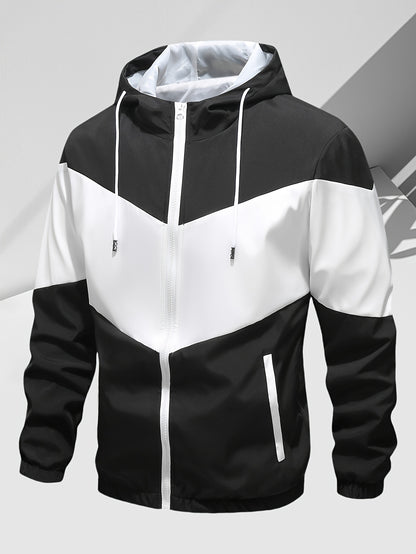 Men's Casual 2-Piece Outfit, Stylish Color Block Zip Up Hooded Jacket, Breathable Solid Color Drawstring Pants