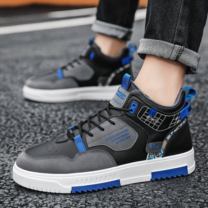 Men's Skate Shoes with Good Grip & Breathable Design - PU Upper, Cushioned PVC Sole, Black/Blue Letter Pattern Lace-Up Sneakers for All-Season Casual & Sports Wear, Allseason Shoes | Modern Casual Shoes | Comfortable Wear