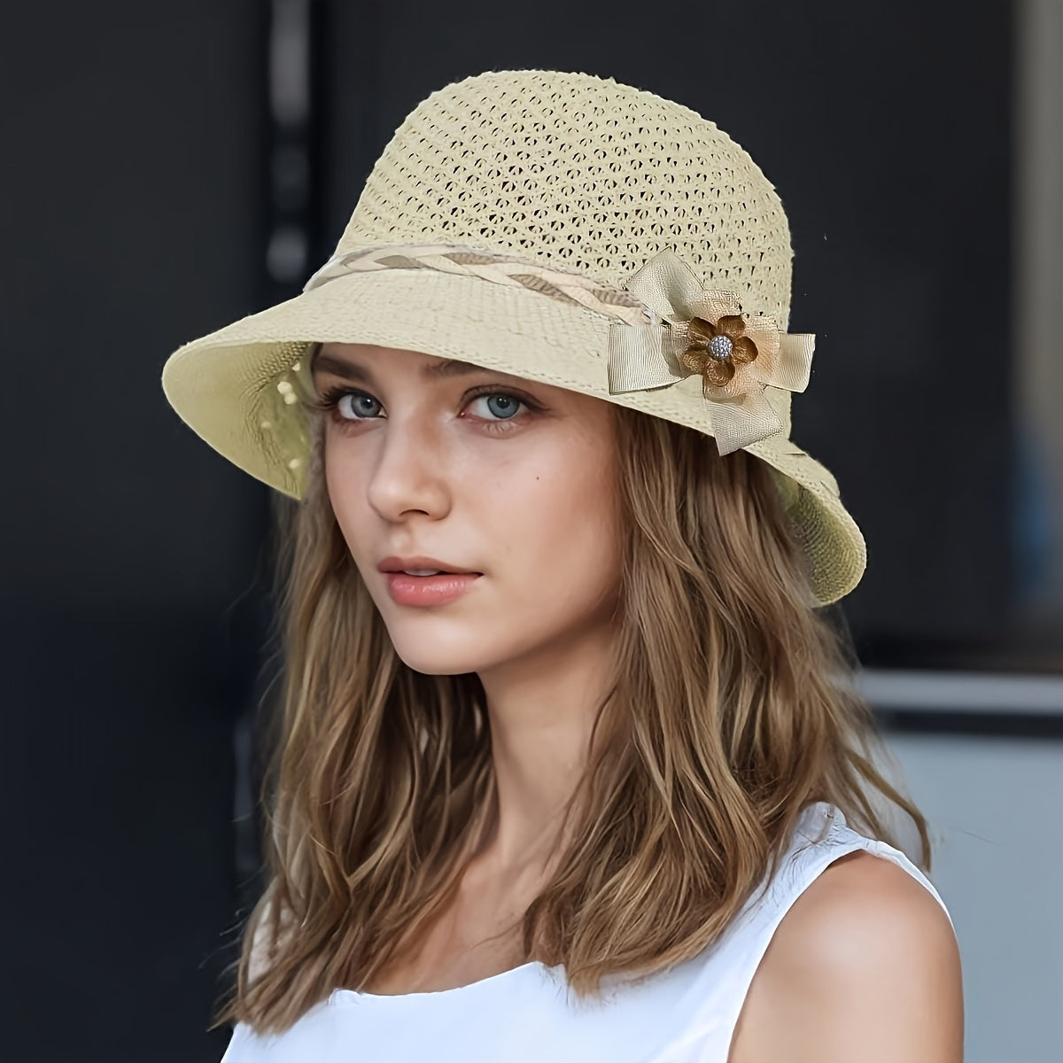 1pc Elegant Women's Floral-Decorated Straw Hat - Breathable Hollow Fisherman Sun Hat with Wide Brim, Jacquard Beige & Brown Summer Beach Hat for Outdoor Travel, Casual Outings & Daily Wear, Fishing Hat, Decorative Bow Accent,