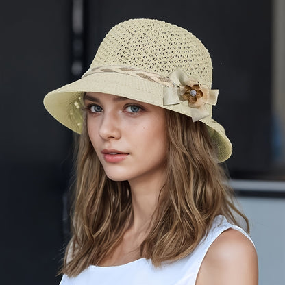 1pc Elegant Women's Floral-Decorated Straw Hat - Breathable Hollow Fisherman Sun Hat with Wide Brim, Jacquard Beige & Brown Summer Beach Hat for Outdoor Travel, Casual Outings & Daily Wear, Fishing Hat, Decorative Bow Accent,