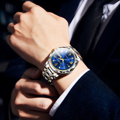 Elegant Men's Stainless Steel Watch with Dual Calendar, Luminous Display & Rhinestone Accents - Perfect for Business or Casual Wear
