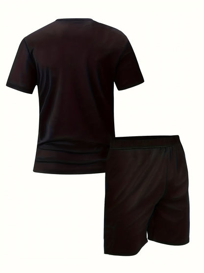A Set of Three Print Designs for Men'S Casual Sportswear, Featuring Quick-Dry Breathable Short-Sleeve T-Shirts with Round Necks And Elastic Waist Shorts with Pockets, Suitable for Sports And Fitness Activities in Spring, Summ