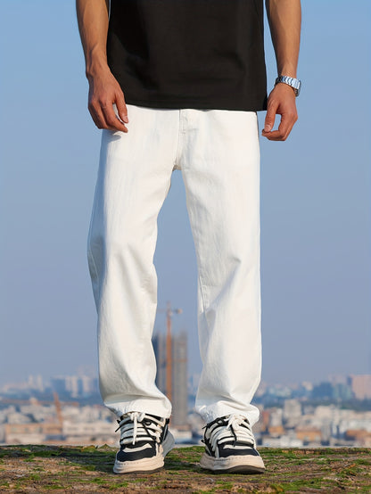 Loose Cotton Blend Men's Solid Wide Leg Pants, Men's Casual Denim Pants, All Seasons