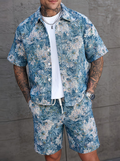 Men'S Summer Casual Short Sleeve Shirt & Shorts Set - Tropical Print, Loose Fit, Button-Up with Collar, Lightweight Polyester Fabric for Outdoor & Leisure Activities, Summer Casual Wear | Tropical Print Shirt | Lightweight Fa