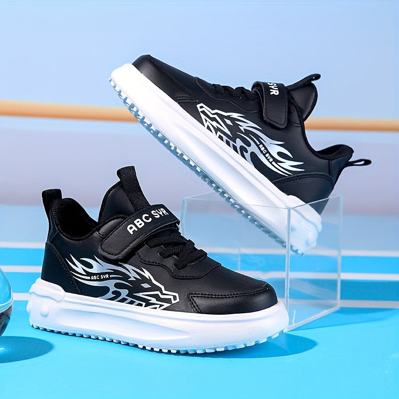 Boys' Athletic Sneakers for Fall/Winter 2024 - Stylish Flame Design, Durable & Comfortable with Hook-and-loop Fastener Strap, Low-Top, PU Upper, EVA Sole, Perfect for Running & School Activities