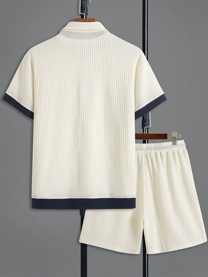 Men'S Casual Fashion Two-Piece Set Featuring a Short-Sleeve Open-Collar Solid Color Spliced Shirt Paired with Solid Color Drawstring Shorts, Made from Soft, Breathable, High-Quality Knitted Textured Fabric, Offering a Trendy