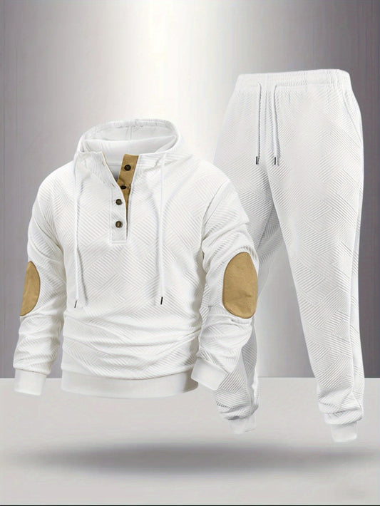 2pcs Autumn New Texture Men's Sportswear Set, Hoodie and Drawstring Pants with Pocket Contrast Design, Lightweight for Outdoor Sports and Casual Wear