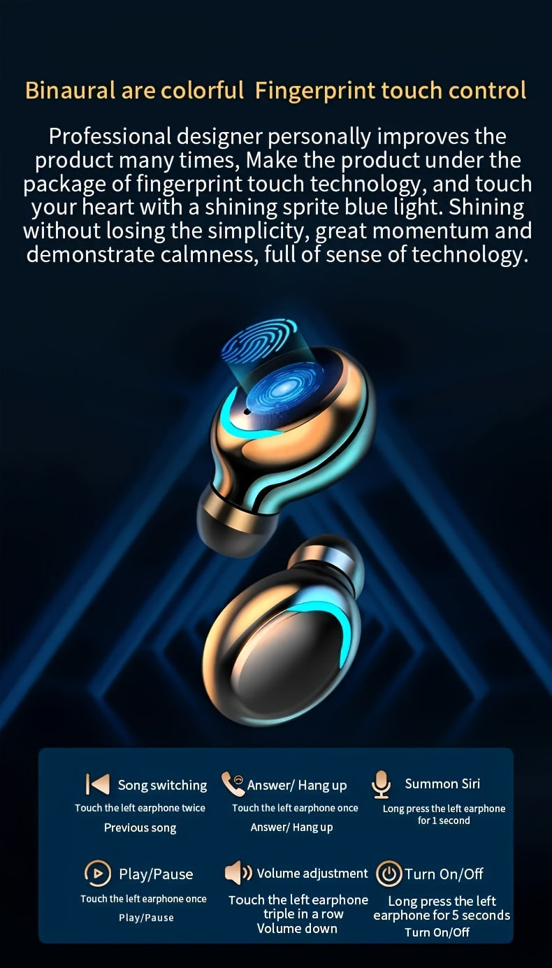 High-Fidelity Stereo Wireless Earphones, In-Ear Headphones with Touch Control and Noise Reduction for Voice Calls, USB Charging, Lithium Battery of 800mA, Long-Life Sports Gaming Headphones with Display