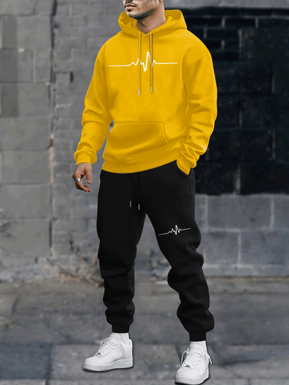 1set Men'S Casual Geometric Heartbeat Pattern Hoodie and Sweatpants Set, Polyester and Spandex Blend, Loose Fit, Hooded Pullover for Autumn/Winter