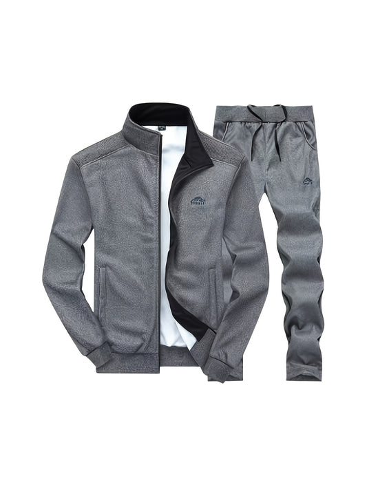 2025 Men'S Athletic Set - White & Black, Long Sleeve, Collared, Non-Stretch Fabric, with Pockets, for Spring/Fall, Casual Sportswear, Casual Sportswear|Modern Athletic|Pocketed Jacket