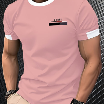 Men'S Paris Graphic T-Shirt - Green Polyester Crew Neck Tee with White Stripes & Print - Casual Sporty Knit Top for Casual Attire, Breathable Fabric