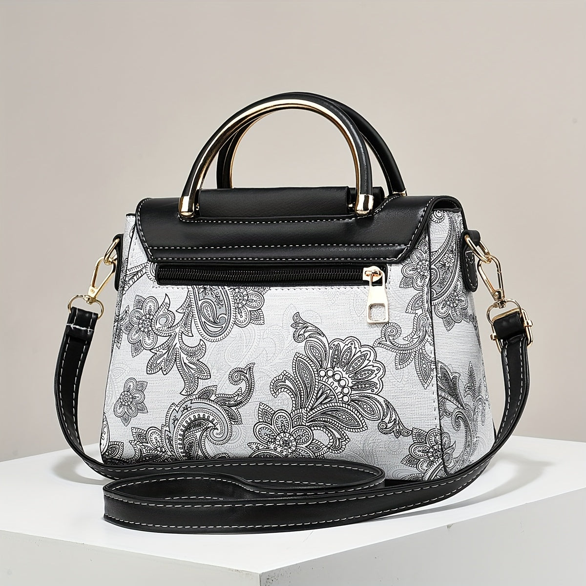 Elegant Floral Print Women'S Handbag - Lightweight Synthetic Tote with Golden-Tone Hardware, Removable Shoulder Strap, and Magnetic Closure, Perfect for Everyday Use, Versatile Tote Bag | Floral Print Bag | Synthetic Bag