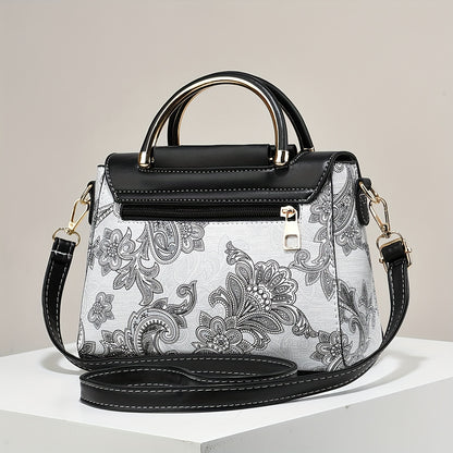 Elegant Floral Print Women'S Handbag - Lightweight Synthetic Tote with Golden-Tone Hardware, Removable Shoulder Strap, and Magnetic Closure, Perfect for Everyday Use, Versatile Tote Bag | Floral Print Bag | Synthetic Bag