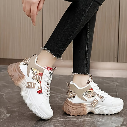 Women's Chunky Platform Sneakers - High-Top Lace-Up Shoes with Cushioned PVC Sole, Beige/White/, Synthetic Cover Upper - All-Season Outdoor, Casual, Office Shoes for Everyday & Formal Outfits - Lightweight Thick Platform Foot