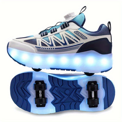 Youth Skate Shoes with LED Lights, Four-Wheel Detachable, Street Fashion, Trendy Style, Random Pattern, All-Season, Sports and Outdoor Scene, Roller Skating, Rotary Buckle Closure, Breathable and Adjustable Brightness, Upper,