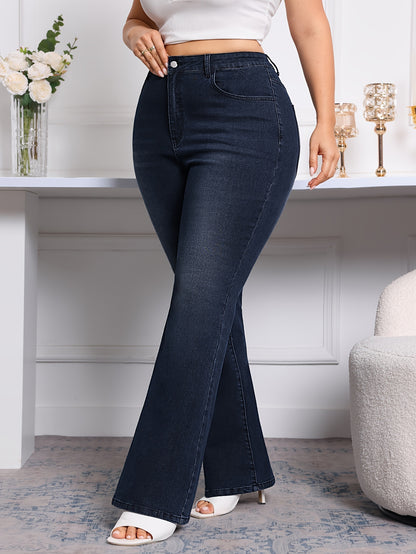 Plus Size Flare Leg Plain Washed Casual Style Zipper Button Closure Denim Pants, Women's Denim Jeans & Clothing