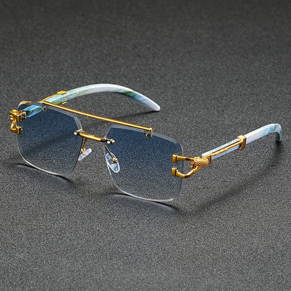 A Pair of Frameless, Beveled-Edge, Square Double-Beam Glasses, New Trendy Leopard-Print Fashion, Faux Wood Grain, Versatile for Men And Women, for Taking Photos.