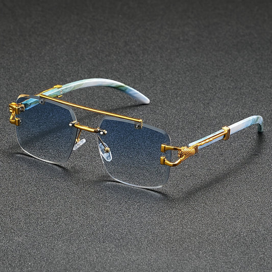 A Pair of Frameless, Beveled-Edge, Square Double-Beam Glasses, New Trendy Leopard-Print Fashion, Faux Wood Grain, Versatile for Men And Women, for Taking Photos.