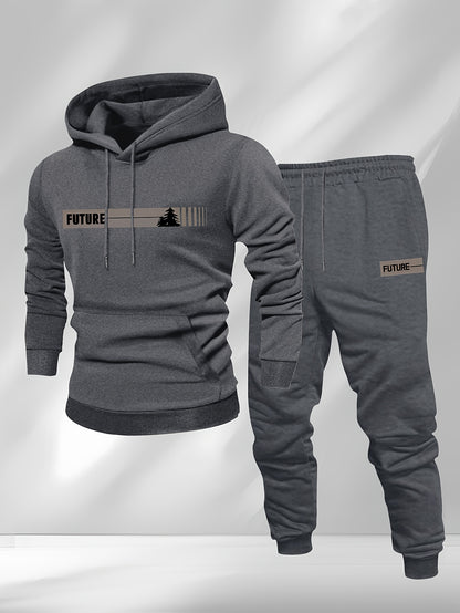 New Autumn and Winter Men's Fleece-Lined Hooded Sweatshirt Set with Print, Long-Sleeve Hoodie and Drawstring Pants for Couples
