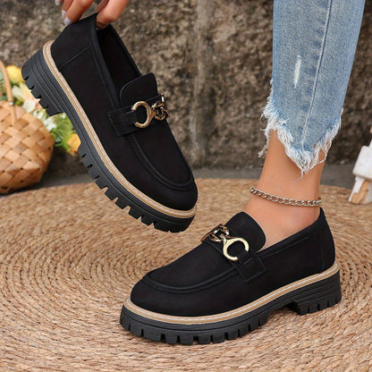 Women's Slip-On Loafers with Golden-Tone Metallic Accents - Synthetic Cover Upper, Non-Slip Rubber Sole, Round Toe Comfort - All-Season Casual & Formal Shoes (Black), Ladies Shoes