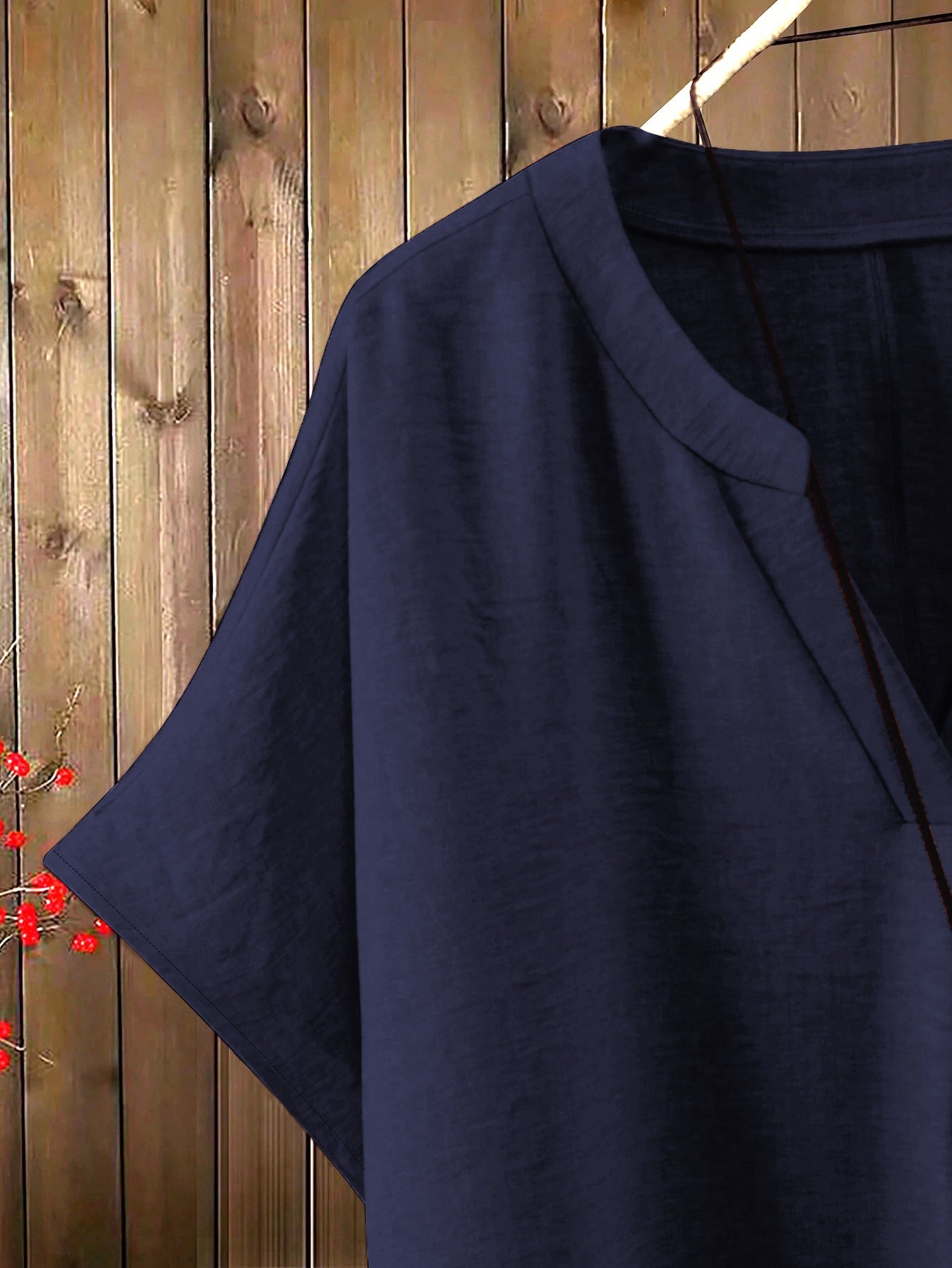 Women'S Solid Color V-Neck Short Sleeve Shirt with Elastic Waist Wide-Leg Pants Two-Piece Set
