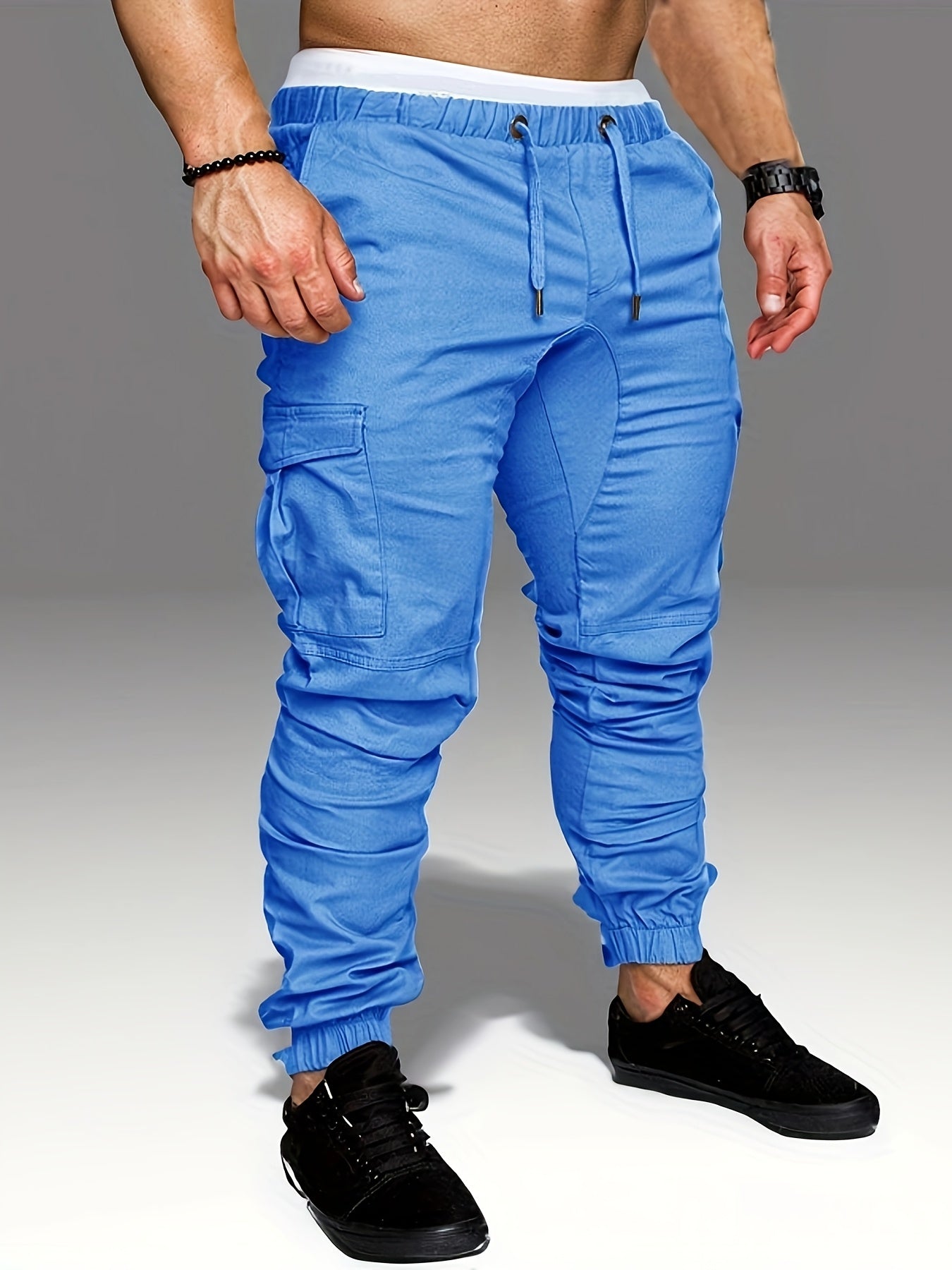 Men'S Casual Cargo Pants, 95% Cotton 5% Spandex, Skinny Fit, Solid Color, Long Length, Woven Fabric, Non-Stretch, with Pockets, 215g/m² Weight