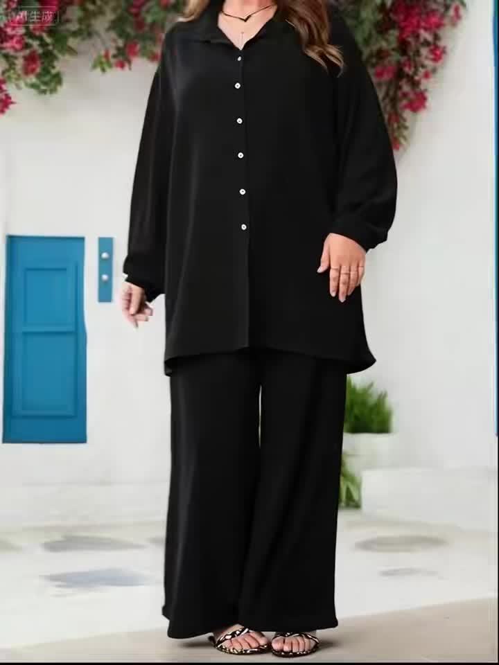 Plus Size, Plus Size Women's Fashionable and Elegant Loose V-Neck Two-Piece Set