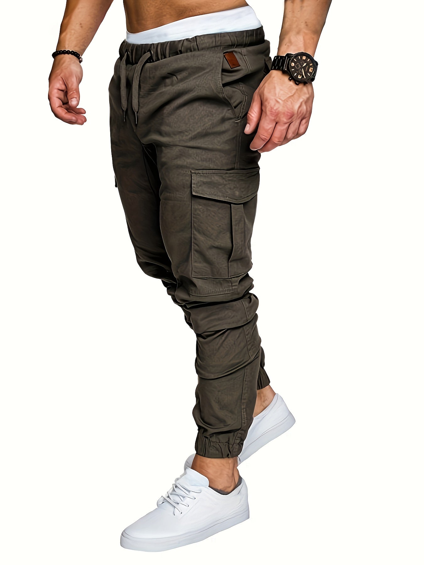Men'S Casual Cargo Pants, 95% Cotton 5% Spandex, Skinny Fit, Solid Color, Long Length, Woven Fabric, Non-Stretch, with Pockets, 215g/m² Weight