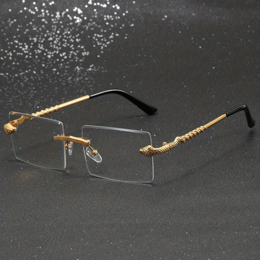 Vintage Style Square Rimless Glasses with Snake Design, Zinc Alloy Frame, Black Lenses, ENSARJOE