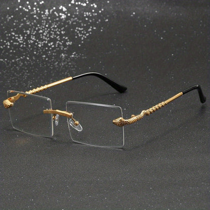 Vintage Style Square Rimless Glasses with Snake Design, Zinc Alloy Frame, Black Lenses, ENSARJOE