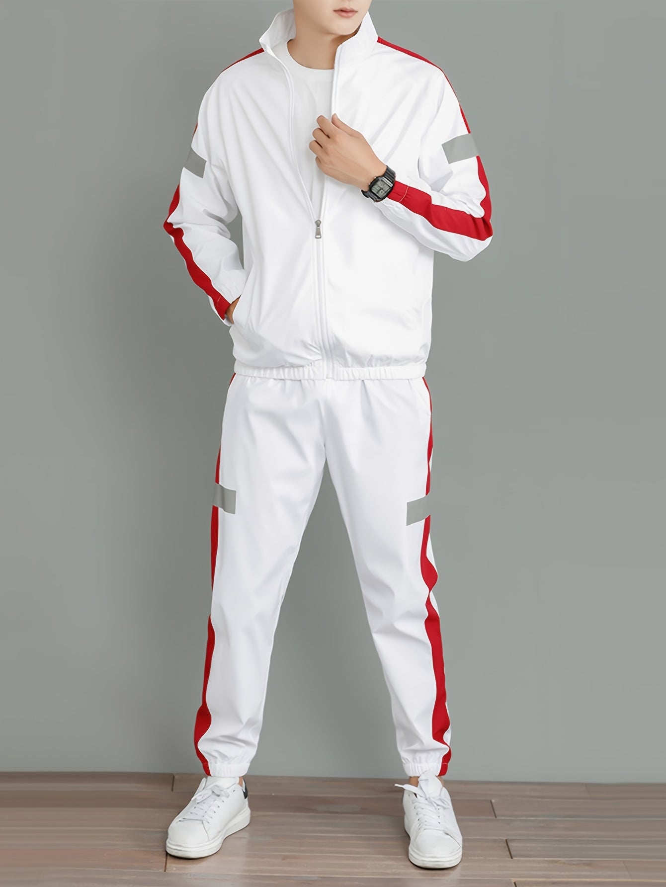 Men's Casual Sportswear Set - Black and White Striped Zip-Up Jacket with Reflective Accents & Matching Joggers, Polyester, Machine Washable, Ideal for Spring & Fall, Jogging Pants
