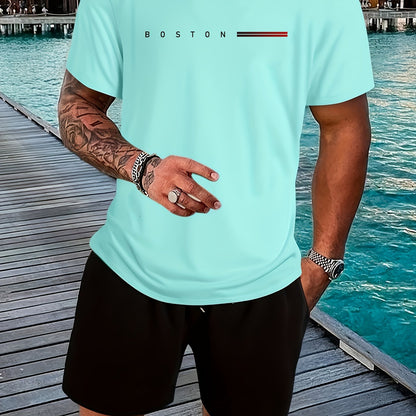 Men's Heavyweight 180gsm Cotton T-Shirt - Dark Gray Crew Neck Tee with Bold "Boston" Print, All-Season Everyday & Formal Shirt for Men - Machine Washable Luxury Casual Top, Versatile Clothing, Modern Design, Premium Fabric, S