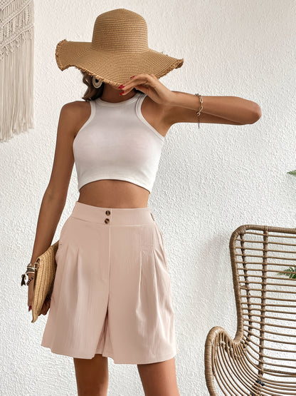 Women's Casual High-Waisted Wide-Leg Shorts with Elastic Waistband & Slant Pockets - Beige, Loose Fit, Solid Color, Perfect for Casual Attire, High Waisted Shorts