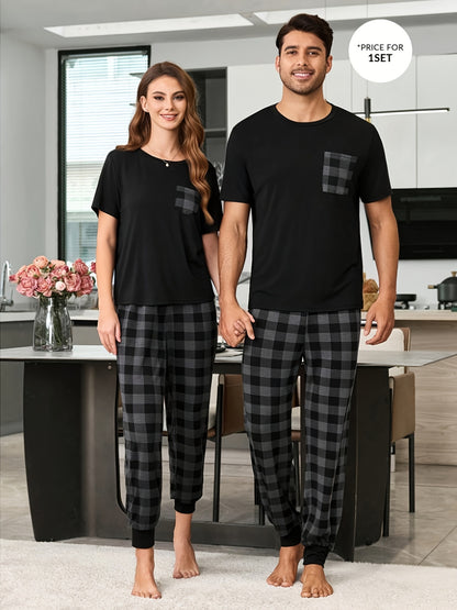 Print Round Neck Short Sleeve Top and Plaid Pants Pajamas for Men or Women Single Set