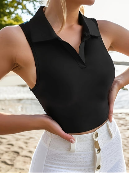 Women's Fashion Casual Sports Yoga Running Short Top with Elastic Neckline and Belly Button