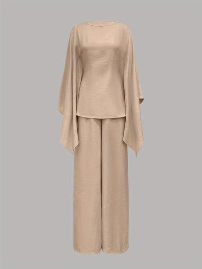 Women'S Holiday Casual Elegant Waist-Cinched Batwing Sleeve Loose Set - Solid Color, All-Season, Allseason Attire|Casual Elegance|Waist Cinching