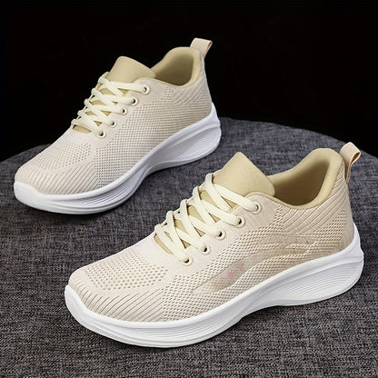 Breathable Mesh Casual Sneakers for Women - Lightweight Low-Top Lace-Up Shoes with Flexible PVC Sole, Neutral Beige, Perfect for Everyday Spring Wear, Breathable Athletics | Mesh Sneakers | Comfortable Fit