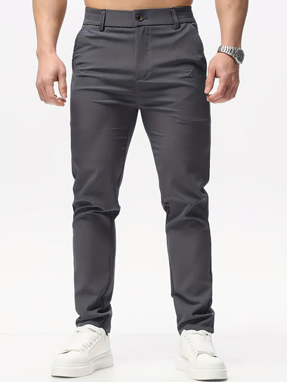 Men's Casual Solid Color Pants - Polyester, Machine Washable, Button Detail, Regular Fit for All Seasons