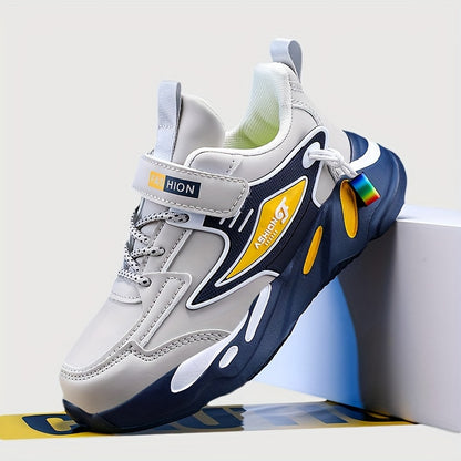 Boys' Sports Casual Running Shoes, Microfiber Synthetic Leather Hook and Loop Fastener, Round Toe Lightweight Cross-Trainer, Fabric Insole, EVA Sole, Striped Fashion Sneakers for All-Season Activities