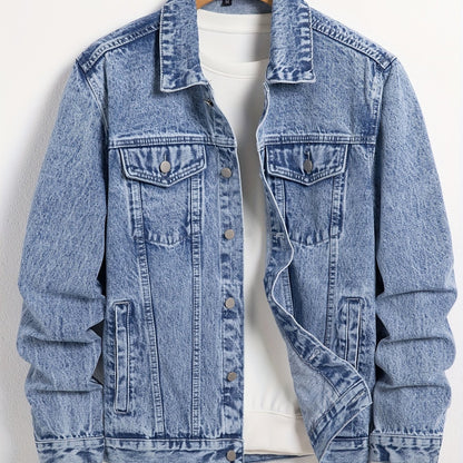 Men's Denim Jacket, Turn-Down Collar, Regular Fit Classic Design Denim Coat For Spring & Autumn