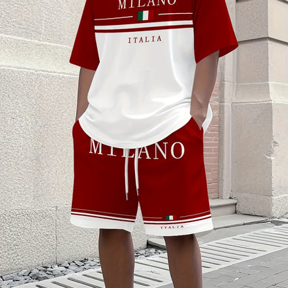 Men'S Casual "Milano Italia" Graphic Tee & Shorts Set - Black & White, Breathable Summer Outfit with Drawstring Waist, Comfortable for Casual Attire, Casual Attire|Italianinspired Design|Stretchy Fabric
