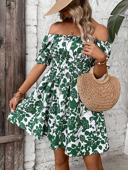Leaves Print Off Shoulder Aline Dress, Vacation Style Short Sleeve Swing Dress For Spring & Summer, Women's Clothing