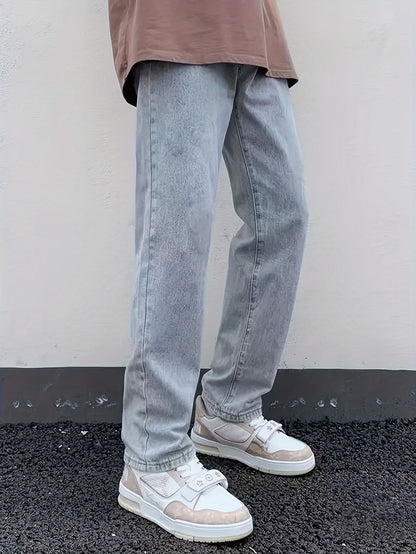 Men'S Loose-Fit Jeans, Cotton Blend Street Style Denim Pants, Non-Stretch Solid Color, Regular Length, with Multiple Pockets for All-Season Wear
