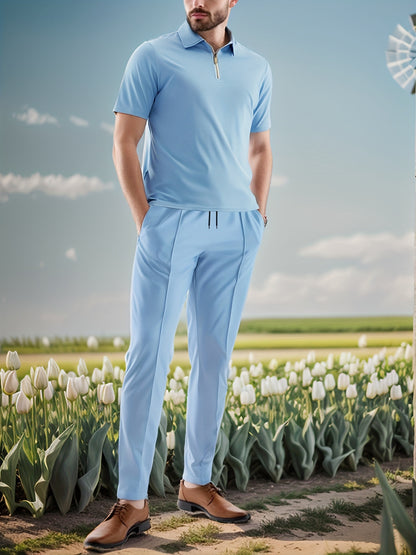 Men'S Casual 2pcs Set Knitted: Zipper Short Sleeve Shirt and Drawstring Pants - Black, Polyester, Suitable for Spring/Summer Casual Wea