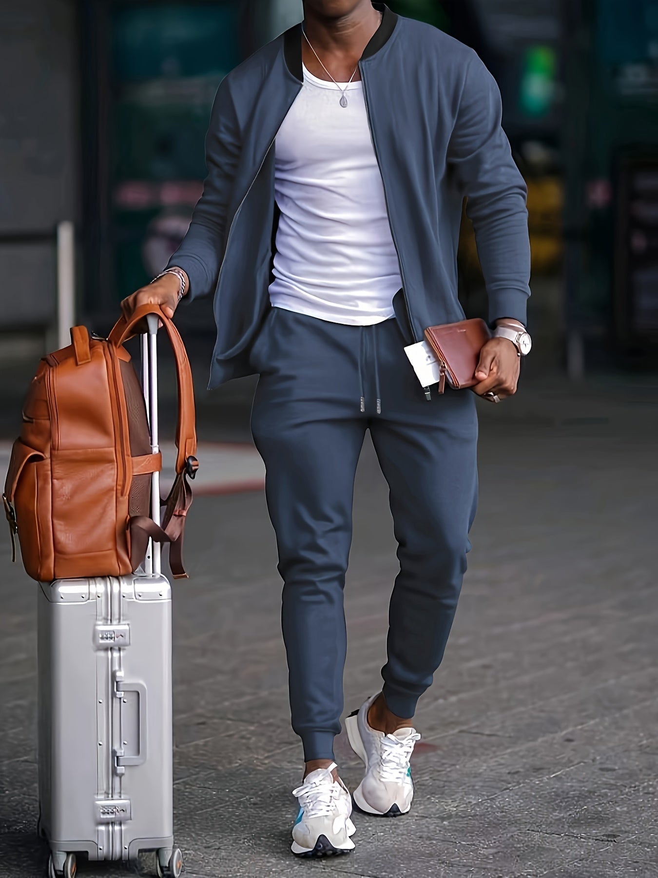 Men's Casual Polyester Sports Suit, Solid Color, Non-Stretch Fabric, Regular Fit, Baseball Collar Jacket and Sweatpants, Suitable for Spring/Autumn - Braided Eyelash Set