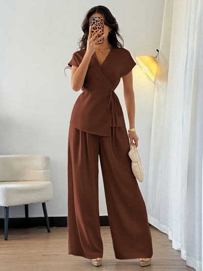Stylish Women's Elegant Comfortable Solid Color Top and Loose Wide-Leg Pants Two-Piece Set, Suitable for Outings, Dates, Vacation