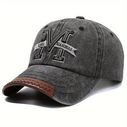 1pc Vintage Washed Cotton Baseball Cap with Embroidered Letter "M" - Adjustable Snapback, Lightweight Sun Hat for Men & Women, Black with Brown Band, Adjustable Baseball Cap
