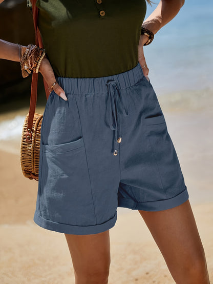 Dual Pockets High Waist Loose Shorts, Casual Elastic Waist Tied Shorts For Spring & Summer, Women's Clothing